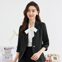 秋水伊人通勤抗皱西装夏季女装百搭质感刺绣七分袖外套女 黑色 S