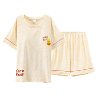 紫色花语【带胸垫防尴尬】夏季女士睡衣睡裤女家居服短袖可外穿乳白色M