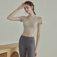 佑游瑜伽服女士带胸垫运动普拉提短袖上衣发带二件套J32030DY杏色 2XL 杏色【固定杯胸垫】 2XL 【125-135斤】