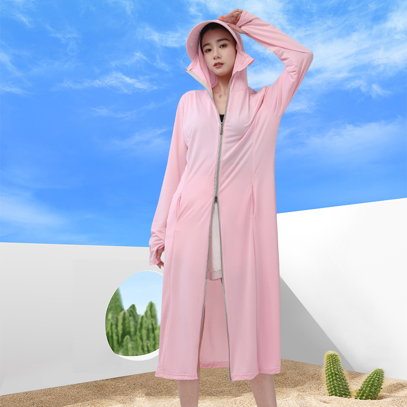 冰丝防晒衣女夏季户外防紫外线防晒服长款连帽遮阳服轻薄透气外套