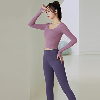 徽昂运动套装女瑜伽服女跑步服速干衣含胸垫拼接t恤长袖长裤紫L L 体重105-115斤