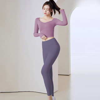 徽昂运动套装女瑜伽服女跑步服速干衣含胸垫拼接t恤长袖长裤紫L L 体重105-115斤