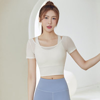 徽昂瑜伽服女短袖运动t恤紧身速干上衣健身跑步含胸垫网纱假两件白