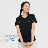 Pioneer Camp拓路者冰氧吧女士短袖夏季圆领印花半袖百搭户外休闲打底衫运动冰丝t恤 冰曜黑 S