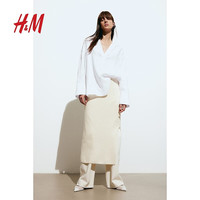 H&M女张衬衫春季休闲时尚潮流简约V领长袖风套头式亚麻衬衫1219139 白色/条纹 165/96 M