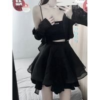 暗黑公主穿搭三件套装女防晒开衫+纯欲吊带+蝴蝶结设计高腰网纱裙