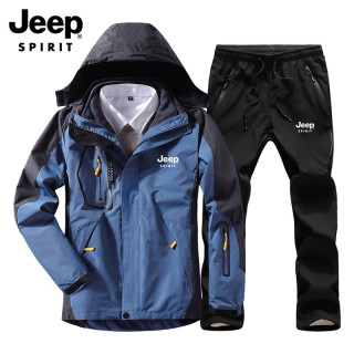JEEP SPIRIT 吉普冲锋衣男套装男女三合一可拆卸两件套迷彩滑雪抓绒户外登山服 (1201大红+黑裤)男 3XL