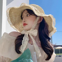 TUCANO啄木鸟草帽女春夏季草帽法式防晒帽沙滩三亚海边拍照帽子蕾丝遮阳 卡其色