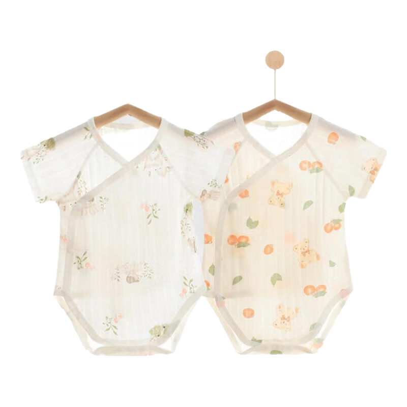 贝乐咿婴儿夏季衣服包屁衣无骨短袖夏装新生儿纯棉哈衣宝宝三角护肚睡衣 苹果熊-5268+草坪鹿5269 59cm