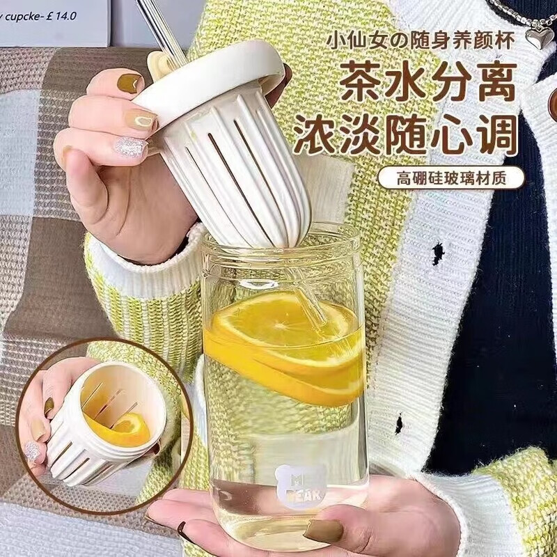 北牧星茶水分离泡茶杯子冷萃水杯高颜值玻璃杯男女便携吸管杯 绝绝紫 450ml