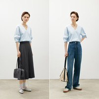 麦檬MM夏简约显瘦V领短袖蓝色上衣5F4121712 冰点蓝 L