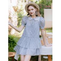 卓雅周末2024夏季甜美蕾丝娃娃领泡泡袖印花连衣裙