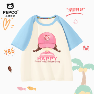 MINI PEPCO小猪班纳女童短袖t恤纯棉夏季儿童撞色上衣小女孩百搭甜美体恤衫 【纯棉】浅蓝帽子女孩OHD图案 165 【90-105斤】