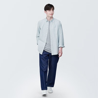 無印良品 MUJI 無印良品  男式 棉水洗牛津 纽扣领 长袖衬衫 衬衣外套纯棉全棉 绿色条纹 2XL (185/112A)