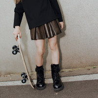 little MO&Co.童装秋装女童亲子装甜酷PU皮短裙子百褶半裙 烟棕色 130 130/56