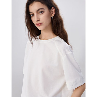 BASIC HOUSE/百家好新中式缎面拼接短袖t恤女2024夏季国风宽松高端女上衣 黑色 M