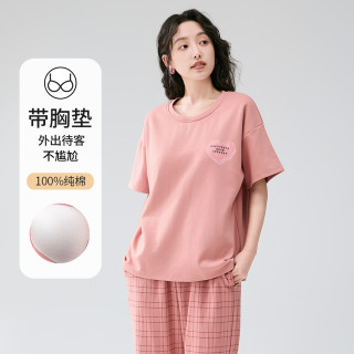 【带胸垫 100%纯棉】免穿文胸七分裤短袖睡衣女士家居服套装