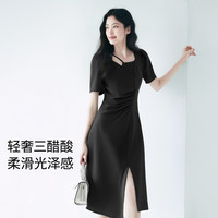 质感醋酸黑色法式收腰设计感抽褶显瘦连衣裙女夏季