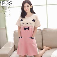普戈斯 睡衣女夏天纯棉短袖宽松睡裙女夏季薄款韩版清新学生家居服中长裙