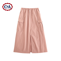 C&A夏季美式复古潮牌半身裙前开叉大口袋a字中长裙 黑 XL