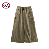 C&A夏季美式复古潮牌半身裙前开叉大口袋a字中长裙 卡其 L