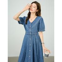 纯棉气质复古A字牛仔裙夏季法式V领花边高级感连衣裙子