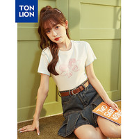 唐狮女短款套头撞色线印花圆领短袖T恤TB 米白 L