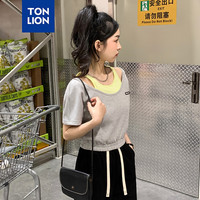 唐狮新款女撞色假两件左胸小标中短袖T恤TB