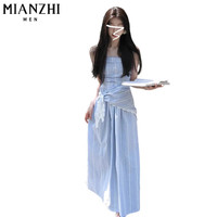 棉致法式蓝色格纹吊带连衣裙女夏季2025新款海边度假小个子高级感长裙 237蓝色+头巾【高品质35.5】 L 110-125斤