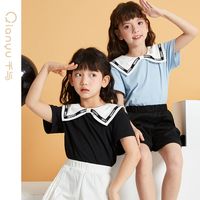 笛莎千与女童夏装学院风洋气上衣翻领海军领女孩夏季T恤纯色简约