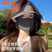 宜而爽2025夏冰丝全脸防晒面罩女防紫外线透气脸基尼口罩帽子一体 帽子面罩一体可拆卸护颈长款-浅灰色