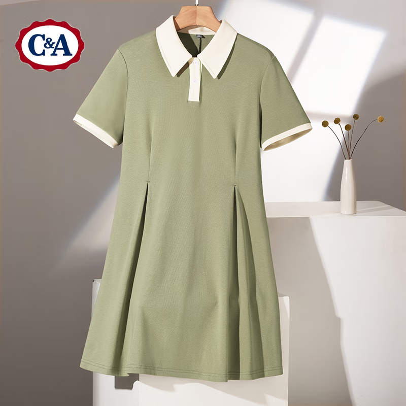 C&A学院风撞色POLO领短袖连衣裙女夏季收腰褶皱显瘦A字裙