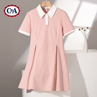 C&A学院风撞色POLO领短袖连衣裙女夏季收腰褶皱显瘦A字裙