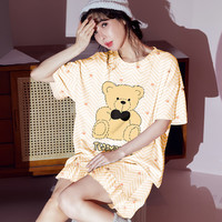 洁丽雅夏天睡衣女夏款棉短袖透气大码宽松可外穿学生套头两件家居服套装 杏色小熊套装 L【建议95斤-115斤】