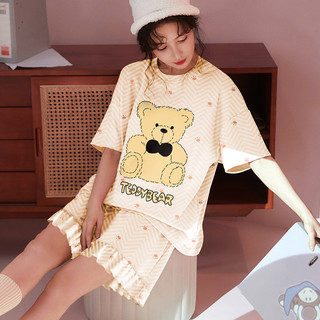 洁丽雅夏天睡衣女夏款棉短袖透气大码宽松可外穿学生套头两件家居服套装 杏色小熊套装 L【建议95斤-115斤】