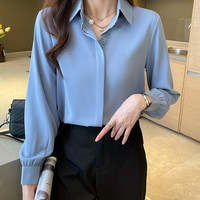 春季白衬衫女职业蓝色长袖雪纺面试正装衬衣工作服宽松上衣夏