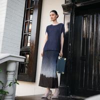 2025夏立体褶皱中长半身裙印花弹力优雅百褶裙女