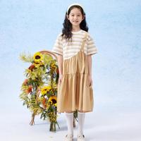 学院风条纹拼接假两件女童连衣裙夏薄款大童裙子T恤裙甜美高级感