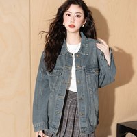 复古春装牛仔外套女做旧水洗高街宽松遮肉显瘦翻领落肩上衣开衫