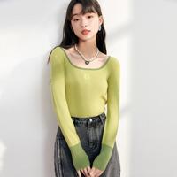 方领上衣女春秋长袖T恤撞色打底衫
