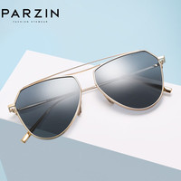 帕森(PARZIN)太阳镜女 复古时尚多边简约框型偏光蛤蟆镜尼龙镜片男士墨镜 9735 金框黑灰片