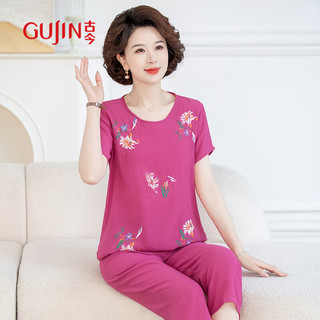 古今（GUJIN）夏季棉绸睡衣女中老年薄款短袖凉凉套装大码外穿家居服