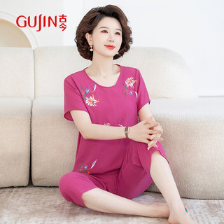 古今（GUJIN）夏季棉绸睡衣女中老年薄款短袖凉凉套装大码外穿家居服