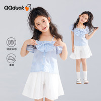 可可鸭（QQ DUCK）童装儿童衬衫女童衬衣夏季短袖竖条纹上衣大童衣服 (K蝴蝶结)蓝色 140CM