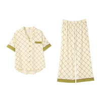 安之伴睡衣女春秋凉感休闲短袖开衫九分裤格子女士家居服套装 浅黄 L