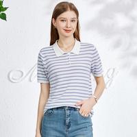 【含桑蚕丝】翻领半开扣简约条纹休闲女式T恤上衣针织衫