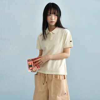 Champion短袖polo衫女2025夏季运动翻领t恤美式纯棉上衣 米白色 M