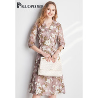 帕罗（PALUOPO）高腰印花连衣裙气质茶歇森系田园风法式女装大花a字衬衫中长裙 灰粉夹花