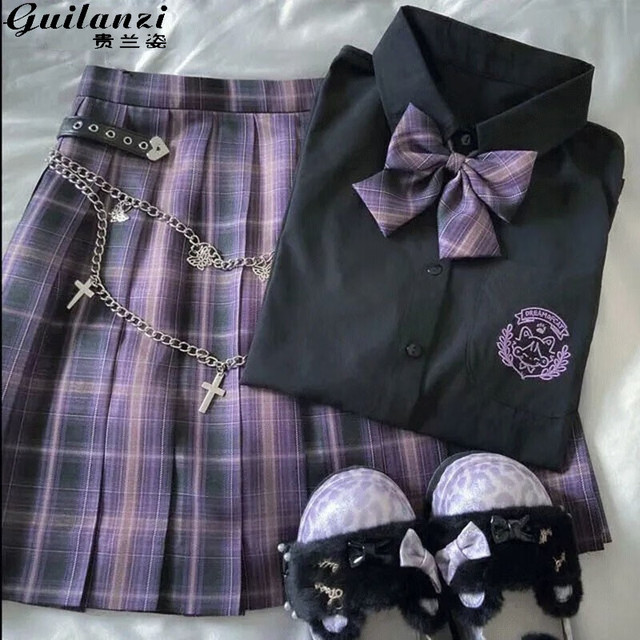 洛丽塔 Lolita Si 贵兰姿jk制服套装女半身裙夏季新款学院风学生日系校服JK格裙百褶裙短裙 糖果猫（格裙+短袖衬衫+领结）