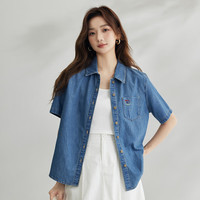 茵曼纯棉时尚绣花牛仔衬衣女夏季舒适百搭复古宽松短袖衬衫 牛仔蓝